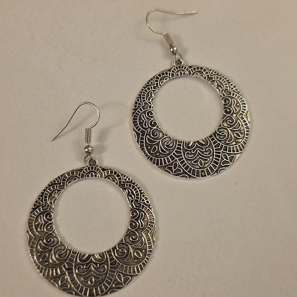 Boho Disc Tribal Cutout Earrings SilverTone